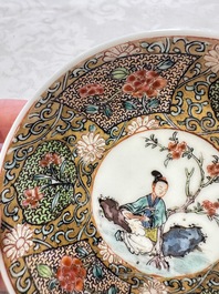 A fine Chinese famille rose gilt-decorated 'Elegant Beauty' cup and saucer, Yongzheng
