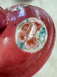 A Chinese famille rose ruby-ground 'Landscape Scroll' teapot and stand, Yongzheng