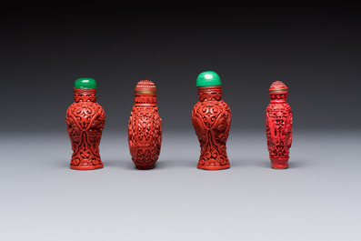 Nine Chinese cinnabar lacquer snuff bottles and a covered box, Qianlong marks, 19/20th C.
