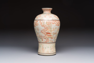 A Chinese polychrome-enamelled 'Xie Qin Fang You 攜琴訪友' 'Meiping' vase, Ming