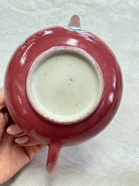 A Chinese famille rose ruby-ground 'Landscape Scroll' teapot and stand, Yongzheng