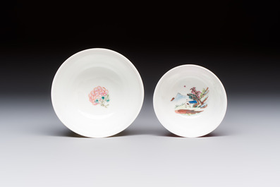 Two Chinese famille rose ruby-ground 'Landscape Scroll' cups and saucers, Yongzheng