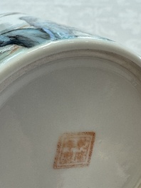 A Chinese polychrome brush pot with a bird standing on rockwork amid waves, Qianlong mark, 20th C.