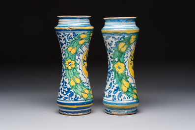 A pair of polychrome Italian maiolica armorial albarelli, Trapani, ca. 1600