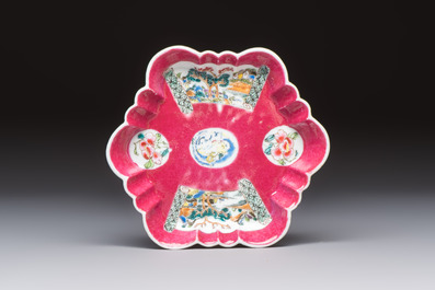 A Chinese famille rose ruby-ground 'Landscape Scroll' teapot and stand, Yongzheng