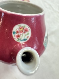 A Chinese famille rose ruby-ground 'Landscape Scroll' teapot and stand, Yongzheng
