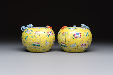 A pair of Chinese famille rose yellow-ground water pots with floral design and applied chilong and bats, Qianlong mark, 19/20th C.