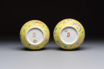 A pair of Chinese famille rose yellow-ground water pots with floral design and applied chilong and bats, Qianlong mark, 19/20th C.