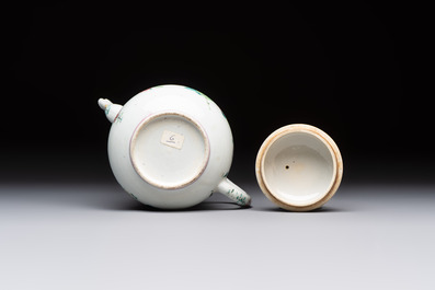 A Chinese famille rose 'Birds and Insects among Flowers' teapot on a later wooden stand, Yongzheng