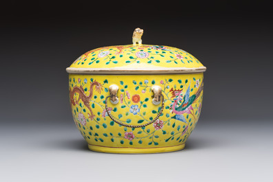 A pair of Chinese famille rose yellow-ground 'Dragon and Phoenix' covered warming bowls and a bowl, Tongzhi marks, 19th C.