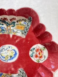 A Chinese famille rose ruby-ground 'Landscape Scroll' teapot and stand, Yongzheng