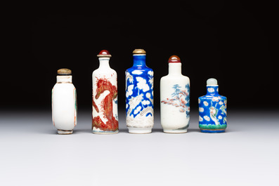 Five Chinese copper-red, blue and white, and polychrome snuff bottles, Yongzheng and Daoguang marks, 19/20th C.