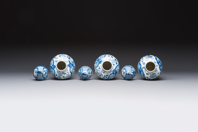 A rare Chinese blue and white five-piece garniture in Dutch Delft style, Kangxi mark, 19th C.