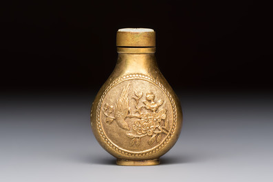 A Chinese gilt-bronze and mother-of-pearl-inlaid snuff bottle with birds among flowering branches, Guangxu mark and of the period