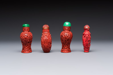 Nine Chinese cinnabar lacquer snuff bottles and a covered box, Qianlong marks, 19/20th C.