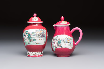 A Chinese famille rose ruby-ground 'Landscape Scroll' covered tea caddy and a covered milk jug, Yongzheng