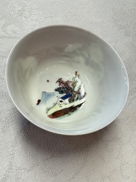 Two Chinese famille rose ruby-ground 'Landscape Scroll' cups and saucers, Yongzheng