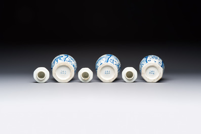 A rare Chinese blue and white five-piece garniture in Dutch Delft style, Kangxi mark, 19th C.
