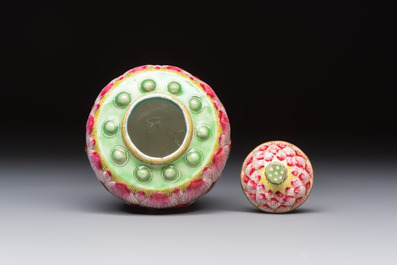 A Chinese famille rose 'Lotus Bud' tea caddy and cover, Qianlong mark, 19th C.