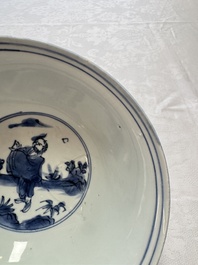 A Chinese blue and white 'Eight Immortals' bowl on a wooden stand, Chenghua mark, late Ming