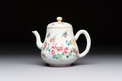 A Chinese famille rose 'Birds and Insects among Flowers' teapot on a later wooden stand, Yongzheng
