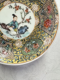 A fine Chinese famille rose gilt-decorated 'Elegant Beauty' cup and saucer, Yongzheng