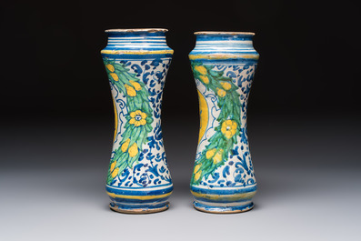 A pair of polychrome Italian maiolica armorial albarelli, Trapani, ca. 1600