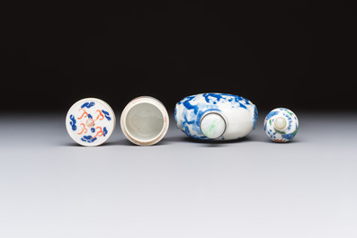 A Chinese iron-red 'Dragon' covered box, a blue and white '100 Boys' and a famille verte 'Fish' snuff bottle, Shunzhi mark, 19th C.