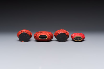 Nine Chinese cinnabar lacquer snuff bottles and a covered box, Qianlong marks, 19/20th C.
