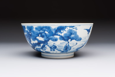 A Chinese blue and white bowl with scholars among cranes and deer, Kangxi mark and of the period