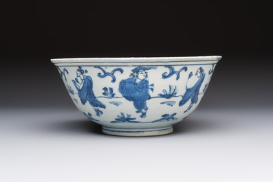 A Chinese blue and white 'Eight Immortals' bowl on a wooden stand, Chenghua mark, late Ming
