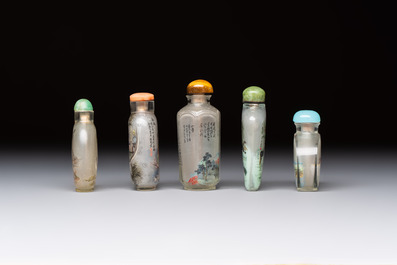 Five Chinese inside-painted snuff bottles, signed Chen Runpu 陈润璞 and Sun Xuecun 孙雪村, 20th C.