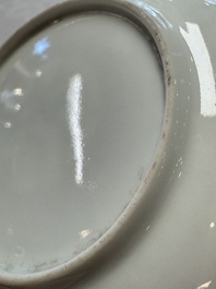 Two Chinese famille rose ruby-ground 'Landscape Scroll' cups and saucers, Yongzheng
