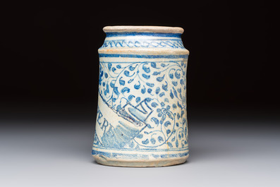 A blue and white Antwerp maiolica albarello inscribed 'PV:PVERPERL', 16th C.
