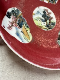 Two Chinese famille rose ruby-ground 'Landscape Scroll' cups and saucers, Yongzheng