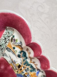 A Chinese famille rose ruby-ground 'Landscape Scroll' teapot and stand, Yongzheng