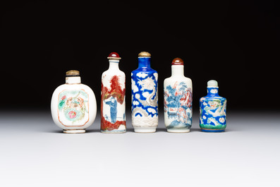 Five Chinese copper-red, blue and white, and polychrome snuff bottles, Yongzheng and Daoguang marks, 19/20th C.