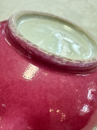A Chinese famille rose ruby-ground 'Landscape Scroll' teapot and stand, Yongzheng