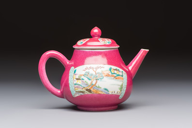 A Chinese famille rose ruby-ground 'Landscape Scroll' teapot and stand, Yongzheng