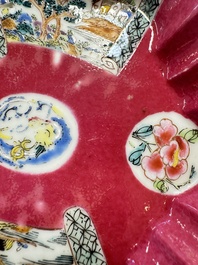 A Chinese famille rose ruby-ground 'Landscape Scroll' teapot and stand, Yongzheng