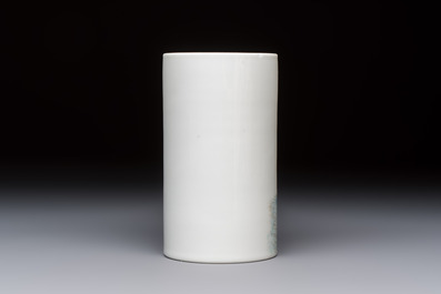 A Chinese polychrome brush pot with a bird standing on rockwork amid waves, Qianlong mark, 20th C.