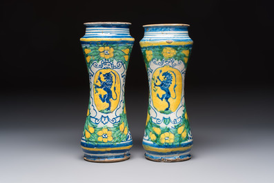 A pair of polychrome Italian maiolica armorial albarelli, Trapani, ca. 1600