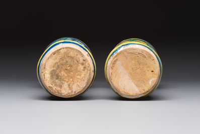 A pair of polychrome Italian maiolica armorial albarelli, Trapani, ca. 1600