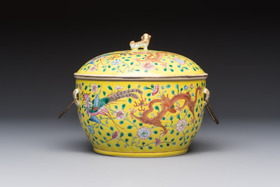 A pair of Chinese famille rose yellow-ground 'Dragon and Phoenix' covered warming bowls and a bowl, Tongzhi marks, 19th C.