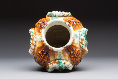 A polychrome Saintonge pottery vase with rope twist handles and mascarons, France, 17th C.