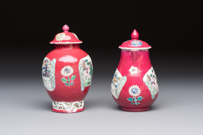 A Chinese famille rose ruby-ground 'Landscape Scroll' covered tea caddy and a covered milk jug, Yongzheng