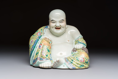 A Chinese famille rose Milefo Buddha, Ye Yunhong Zao 葉運紅造 mark, Republic