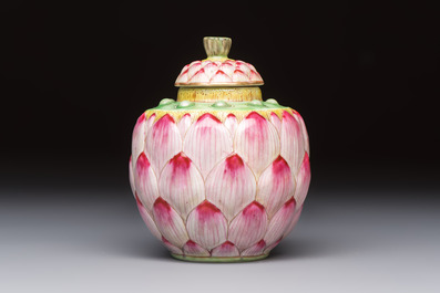 A Chinese famille rose 'Lotus Bud' tea caddy and cover, Qianlong mark, 19th C.
