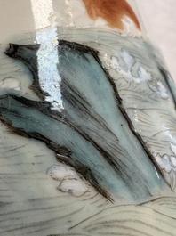 A Chinese polychrome brush pot with a bird standing on rockwork amid waves, Qianlong mark, 20th C.