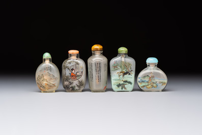 Five Chinese inside-painted snuff bottles, signed Chen Runpu 陈润璞 and Sun Xuecun 孙雪村, 20th C.